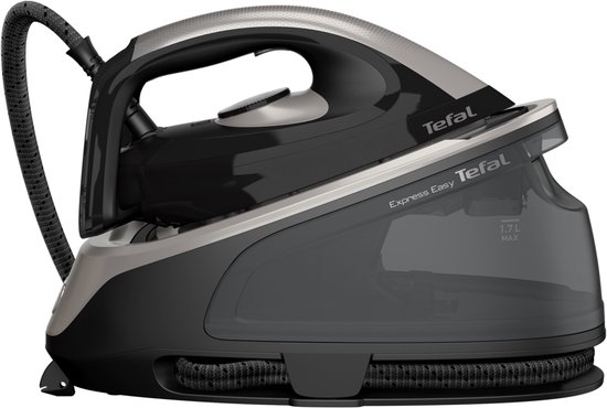 Tefal Express Easy stoomgenerator in zwart en zilver met een transparante watertank van 1,7 L.