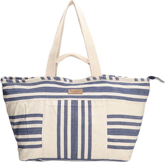 Grote gestreepte strandtas in marineblauw en crème, met rits en voorvakken.