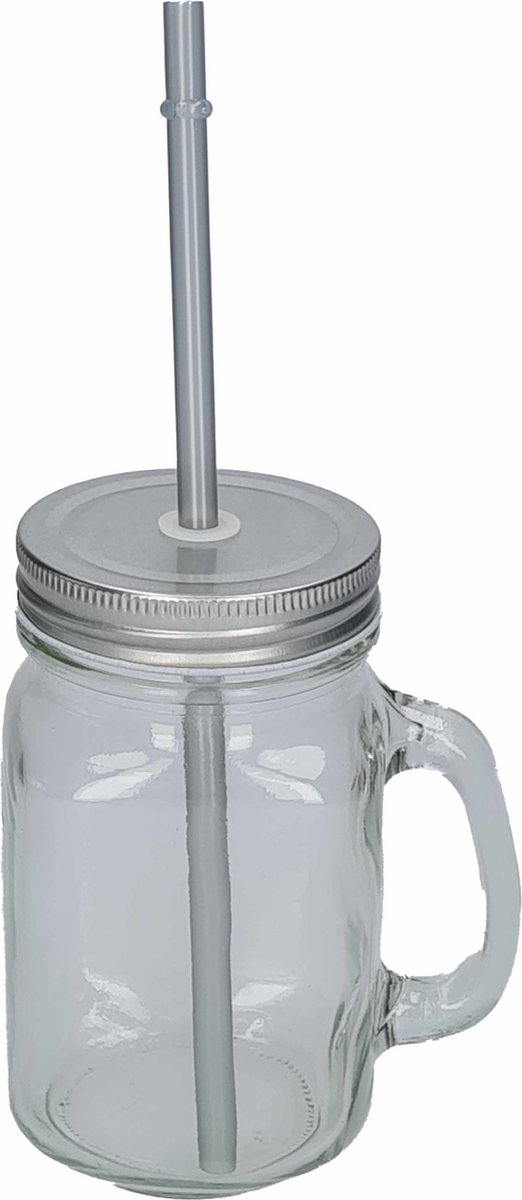 Goedkoopste Mason Jar drinkbekers - glas - dop zilver met rietje - 500 ml - afsluitbaar - fruit shakes