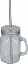 1x stuks Glazen Mason Jar drinkbekers zilvergrijze dop en rietje 500 ml - afsluitbaar/niet lekken/fruit shakes
