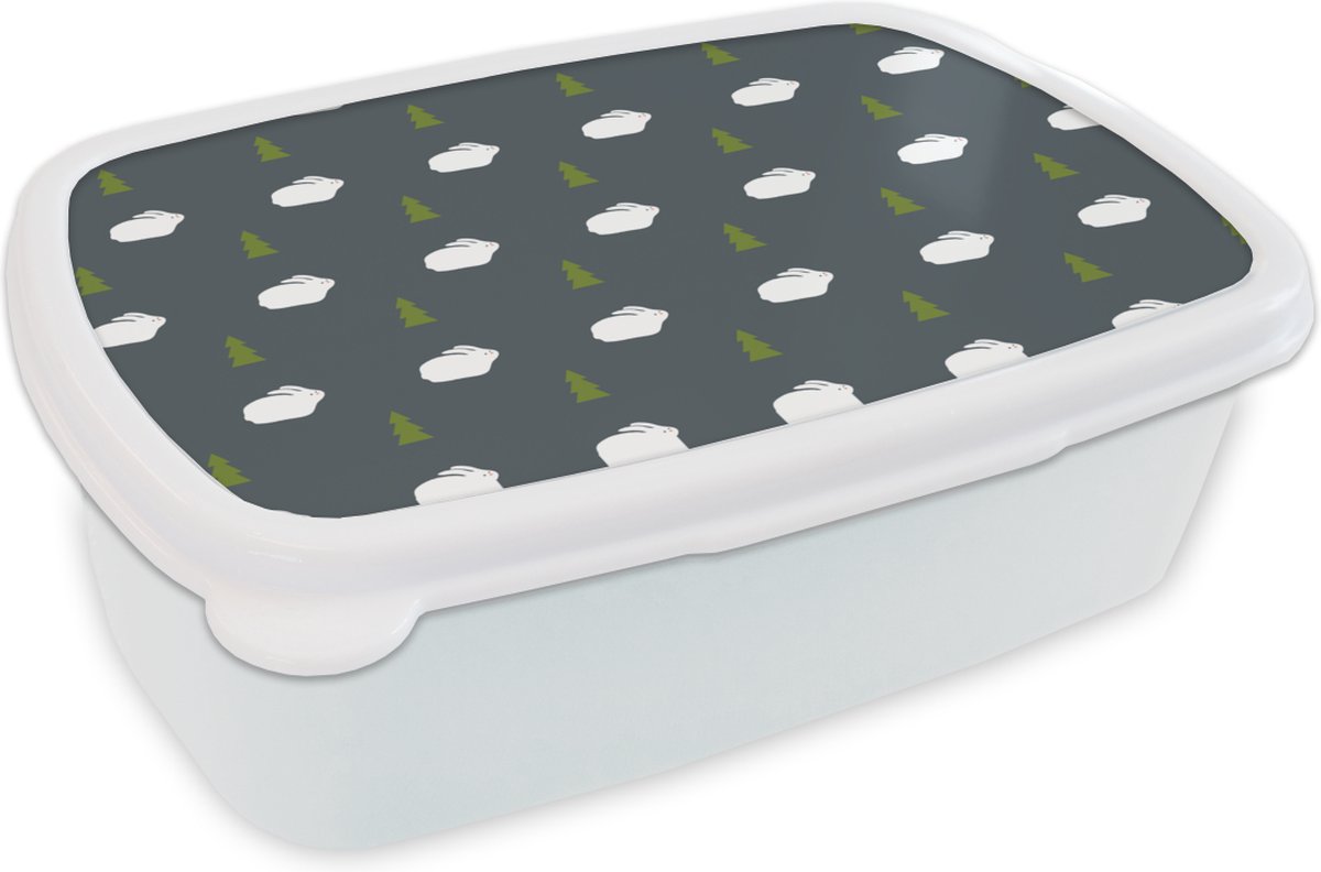 Broodtrommel Wit - Lunchbox - Brooddoos - Bomen - Konijn - Patroon - 18x12x6 cm - Volwassenen