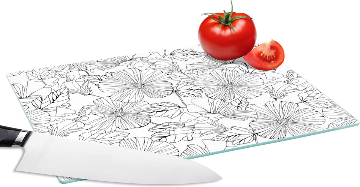Glazen Snijplank - 28x20 - Bloemen - Zwart - Wit - Design - Flora - Snijplanken Glas
