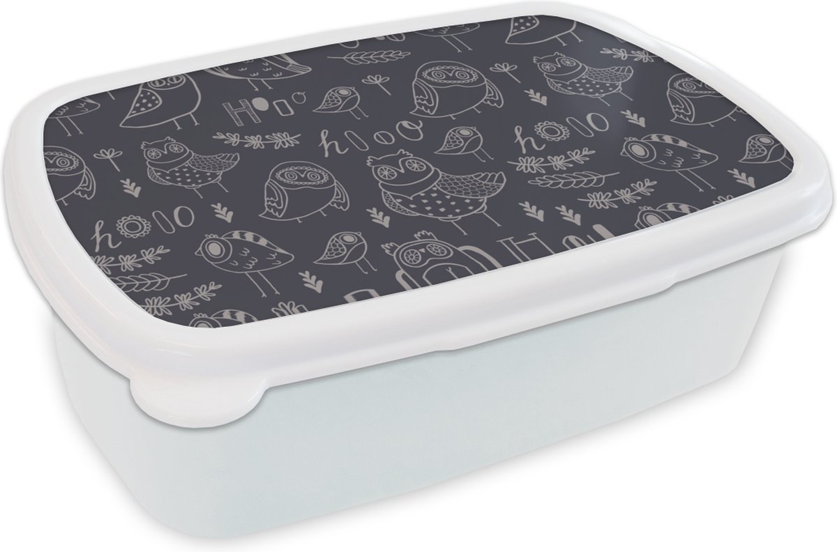 Broodtrommel Wit - Lunchbox - Brooddoos - Patronen - Vogel - Uil - 18x12x6 cm - Volwassenen