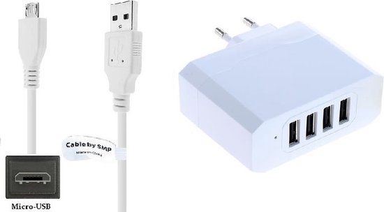 4.8A lader + 2,2m Micro USB kabel. Oplader adapter met 4 poorten