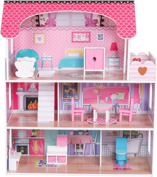 Valetti Poppenhuis Hout XL - 79-Delig - Roze - Incl. Poppen Meubels- H.70x B.62x D.27 cm -XL Dollhouse