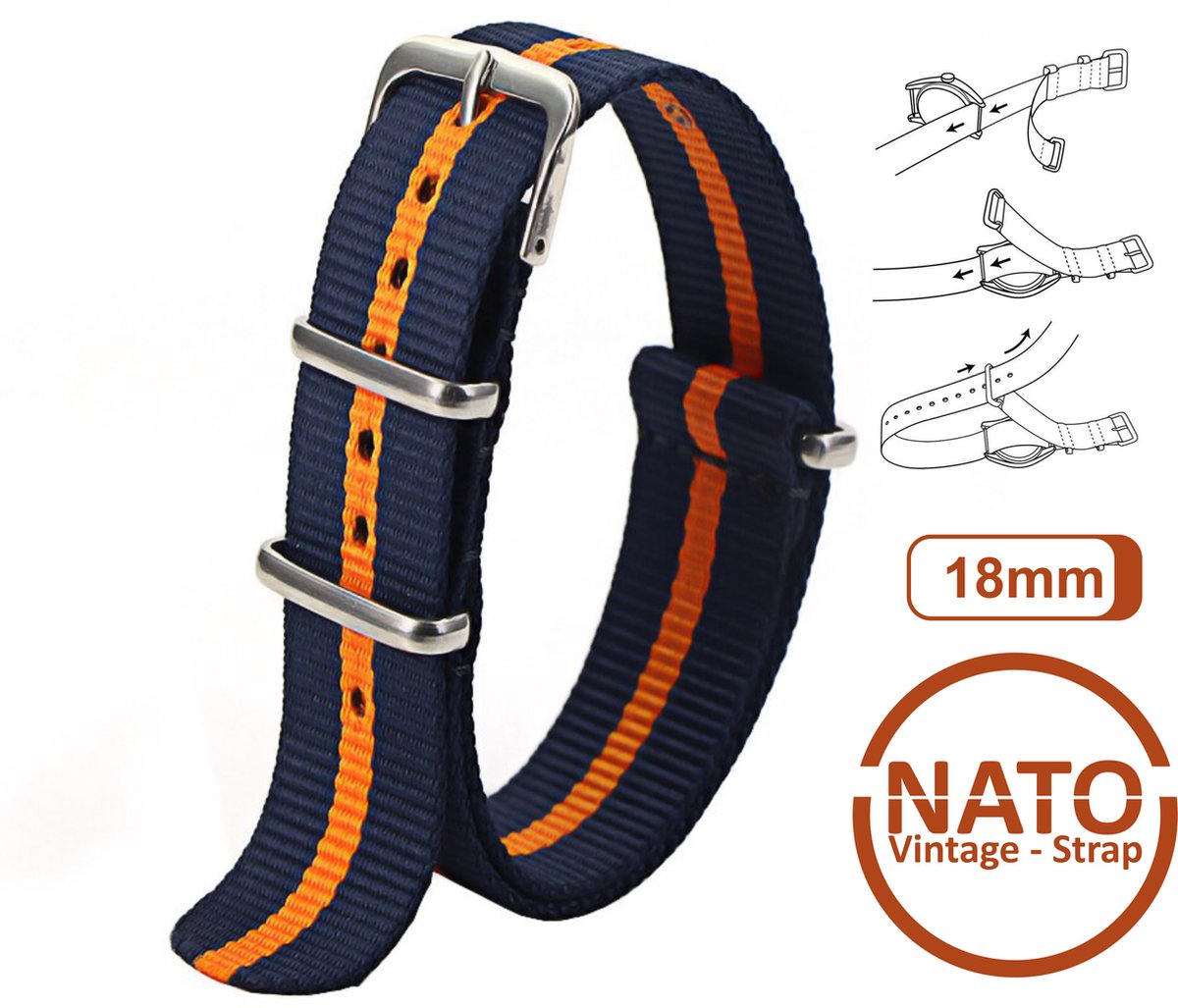 18mm Nato Strap Blauw Oranje streep - Vintage James Bond - Nato Strap collectie - Mannen - Horlogebanden - Blue Orange - 18 mm bandbreedte voor oa. Seiko Rolex Omega Casio en Citizen