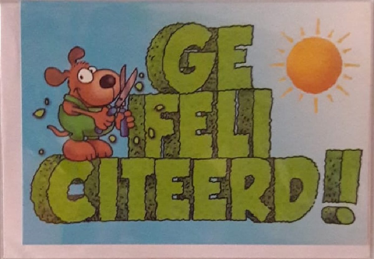 Gefeliciteerd! Een grappige wenskaart waarbij het woord 'gefeliciteerd' met de snoeischaar is bijgeknipt. Een leuke kaart om zo te geven of om bij een cadeau te voegen. Een dubbele wenskaart inclusief envelop en in folie verpakt.