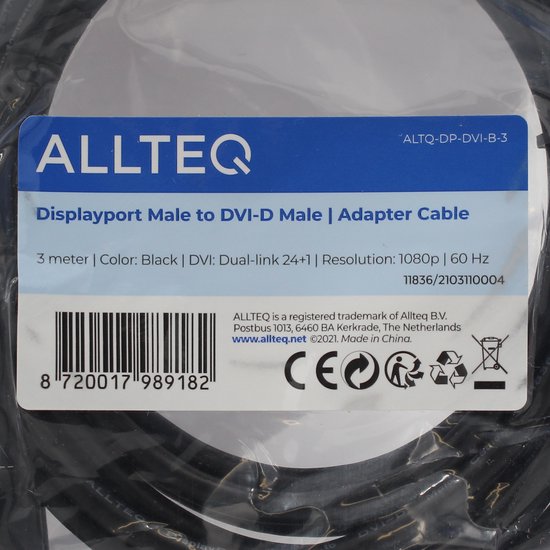 DisplayPort naar DVI kabel - Verguld - 3 meter - Allteq - Allteq