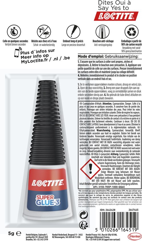 Bouteille de colle, 5 grammes caoutchouc métal céramique bois cuir et  plastiques Loctite Super Attak Precision