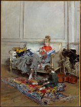 Kunst:  Giovanni Boldini, Young Woman Crocheting, 1875, Schilderij op canvas, formaat is 60X90 CM