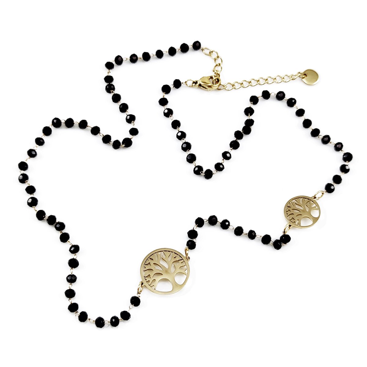 Kristallen Ketting Dames - Verguld RVS Levensboom Symbool - Zwarte Choker