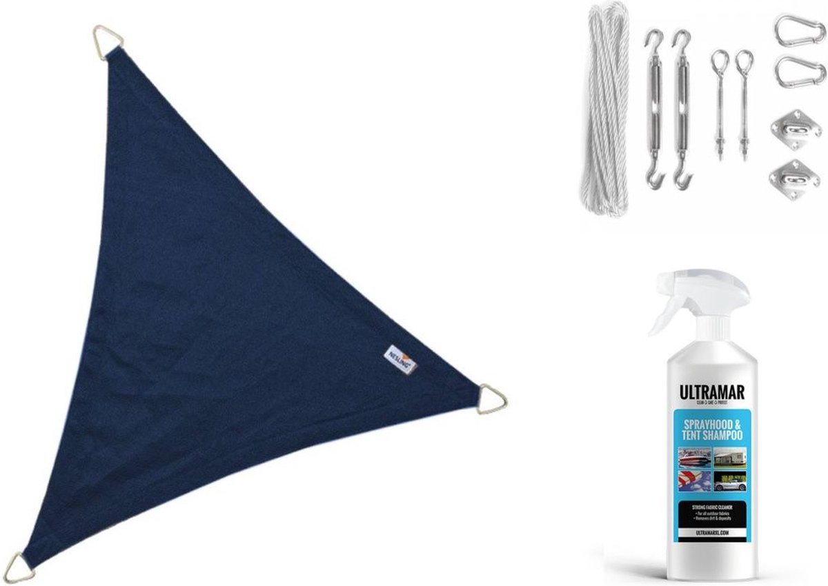 Compleet pakket: Nesling coolfit 5x5x5m Navy Blauw met RVS Bevestigingsset en Buitendoekreiniger