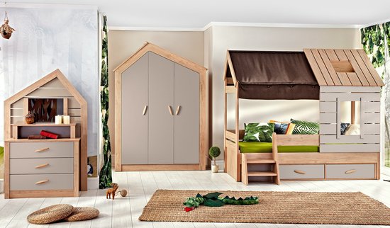 Cento 2-deurs kledingkast huisje kinderkamer jungle - schappen - hanggedeelte