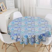 Rond Tafelkleed Ø140cm - De Groen Home - Bedrukt Velvet Textiel - Blauwe mandala - Tafelkleed