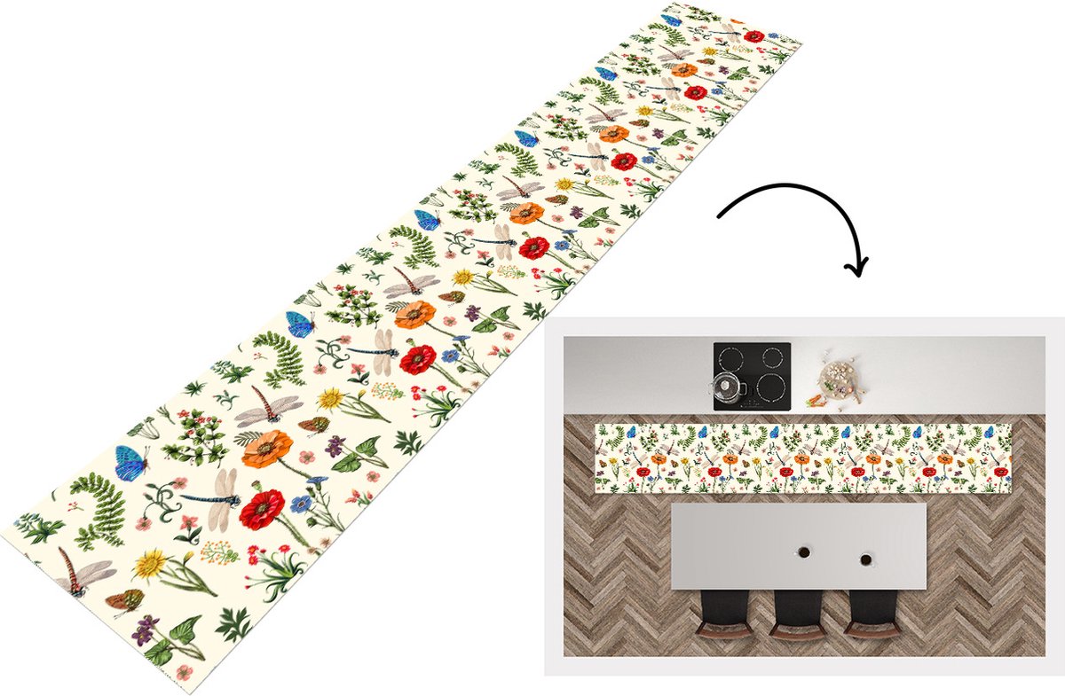 KitchenYeah Keukenloper - Keukenmat - Insecten - Bloemen - Zomer - Regenboog - Patroon - Keuken vloerkleed Multicolor