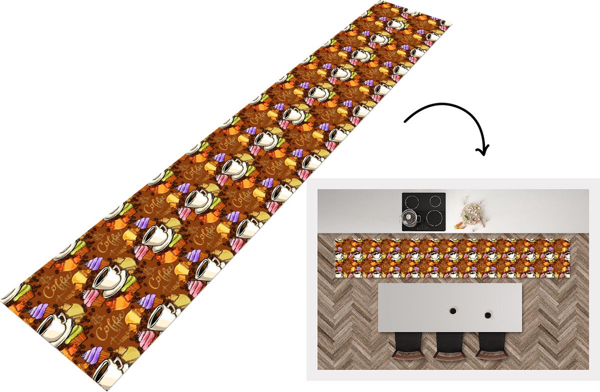 KitchenYeah Keukenloper - Keukenmat - Koffie - Croissant - Patronen - Ontbijt - Keuken vloerkleed Multicolor