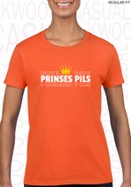 PRINSES PILS damesshirt - Oranje met wit - Maat XL - Korte mouwen - Ronde hals - Regular Fit - Grappige teksten - Leuke shirts - Humor - Quotes - Kwoots - Cadeau - Koningsdag - Wij