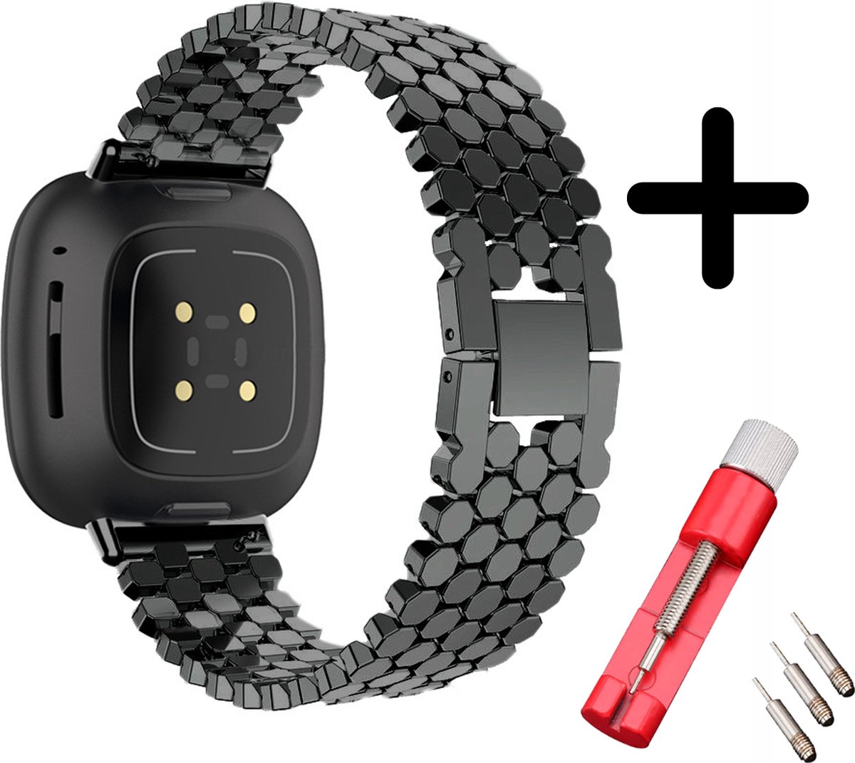 Strap-it bandje staal schubbenpatroon zwart + toolkit geschikt voor Fitbit Versa 3 / Sense