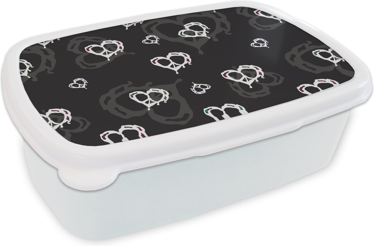 Broodtrommel Wit - Lunchbox - Brooddoos - Patronen - Hart - Schedel - 18x12x6 cm - Volwassenen