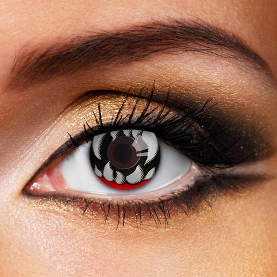 Een oog met een partylens met een patroon van witte tanden op een rode rand.
