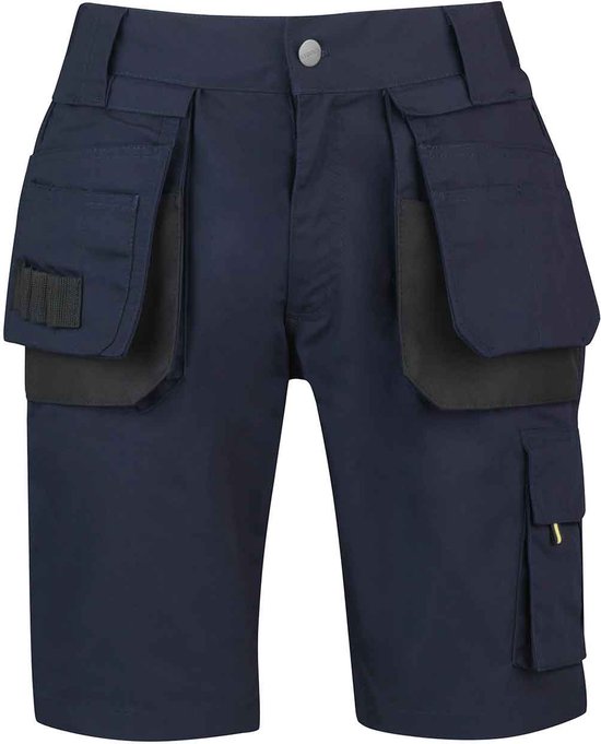 Short de travail bleu foncé avec plusieurs poches à l'avant, vu de face.
