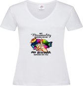 Stedman - Tshirt Dames opdruk - My Personality Depends On Me - V-hals -Wit - Small