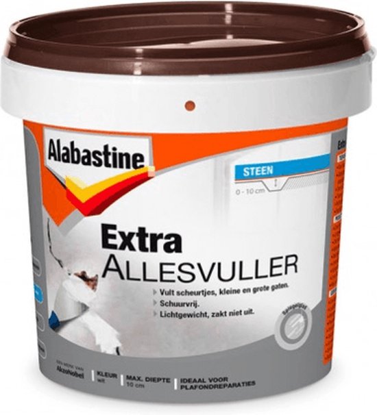 Alabastine Extra Allesvuller steen, pot wit met oranje en bruin deksel. Ideaal voor plafondreparaties.