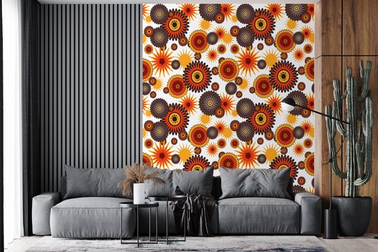 Papier Peint - Design Papier peint photo - Rétro - Oranje - Fleurs - Largeur 195 cm x Hauteur 240 cm