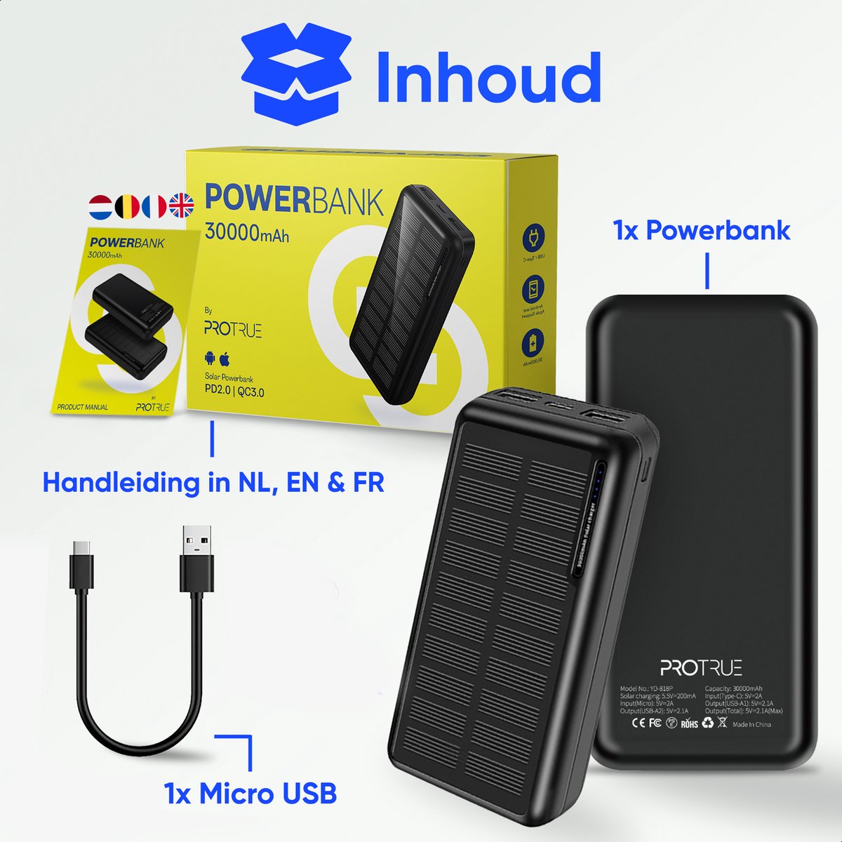 Solarclub Solar Powerbank 30000 mah Solar Charger met Micro