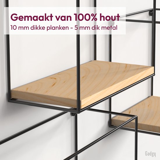 Detailopname van een zwart metalen wandrek met een 10 mm dikke houten plank, 'Gemaakt van 100% hout'.