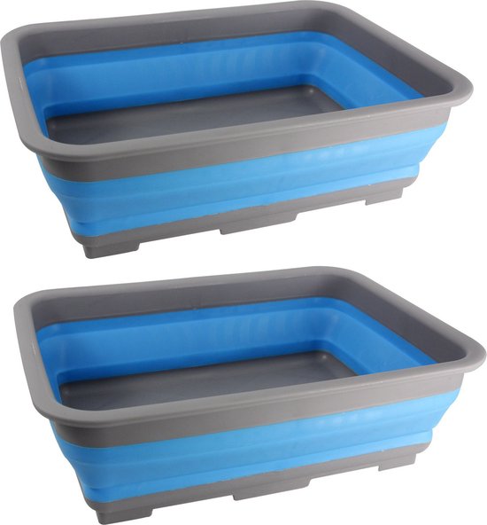 2x Grijs/blauwe opvouwbare afwasbakjes 37 x 28 cm - Afwassen - Afwasbakken/afwasteilen/afdruiprekken opvouwbaar