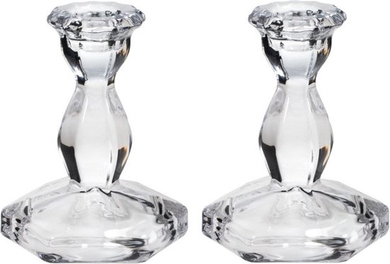 Set van 2x stuks kaarsen kandelaar van decoratief luxe glas 7 x 10 cm - Houder geschikt voor dinerkaarsen