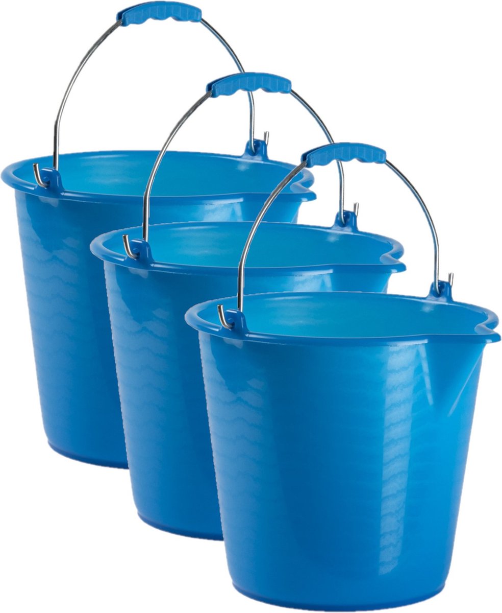 Goedkoopste 3x stuks huishoud schoonmaak emmers kunststof blauw 9 liter inhoud 30 x 26 cm - Met metalen hengsel en schenktuit