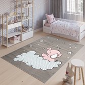 Tapiso Baby Vloerkleed Grijs Blauw Roze Olifant Kinderkamer Tapijt Maat- 180x250