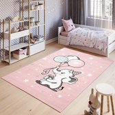 Tapiso Baby Vloerkleed Roze Wit Olifant Ballonnen Kinderkamer Tapijt Maat- 80x150