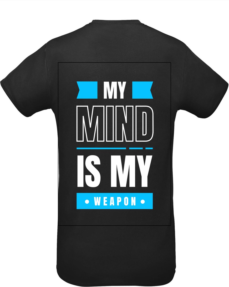 Huurdies Sportshirt | My mind is my weapon| maat m| Bedrukkingskleur lichtblauw | zwart shirt