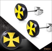 Aramat jewels ® - Ronde zweerknopjes kruis geel zwart staal acryl 7mm