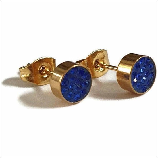Aramat jewels ® - Goudkleurige oorbellen druzy zweerknopjes donker blauw kristal chirurgisch staal 6mm