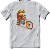 Biker kikker T-Shirt Grappig | Dieren reptiel Kleding Kado Heren / Dames | Animal Skateboard Cadeau shirt - Licht Grijs - Gemaleerd - S