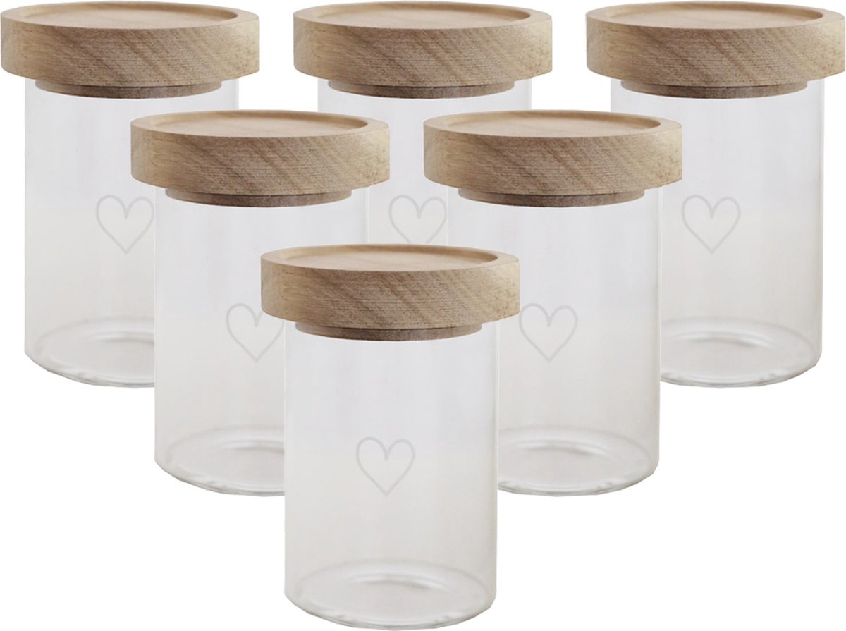 Voorraadpotten - Glazen potjes met deksel - Luchtdichte houten deksel - Vaatwasserbestendig - Set van zes