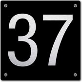 Huisnummerbord - huisnummer 37 - zwart - 12 x 12 cm - rvs look - schroeven - naambordje - nummerbord  - voordeur