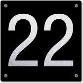 Huisnummerbord - huisnummer 22 - zwart - 12 x 12 cm - rvs look - schroeven - naambordje - nummerbord  - voordeur