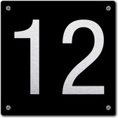 Huisnummerbord - huisnummer 12 - zwart - 12 x 12 cm - rvs look - schroeven - naambordje - nummerbord  - voordeur