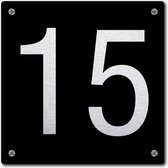 Huisnummerbord - huisnummer 15 - zwart - 12 x 12 cm - rvs look - schroeven - naambordje - nummerbord  - voordeur