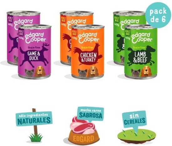 Pakket van 6 Edgard & Cooper blikken: Game & Duck, Chicken & Turkey, Lamb & Beef.