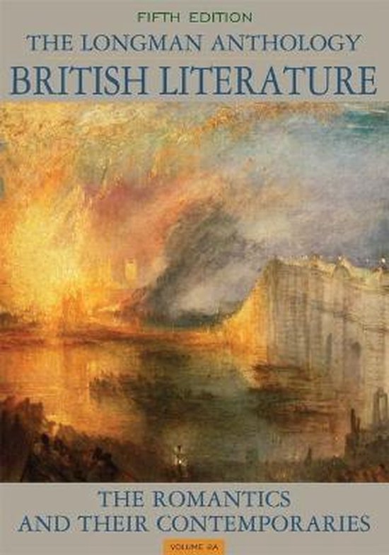 Boekomslag van The Longman Anthology British Literature, vijfde editie, met een schilderij van een brandend gebouw.