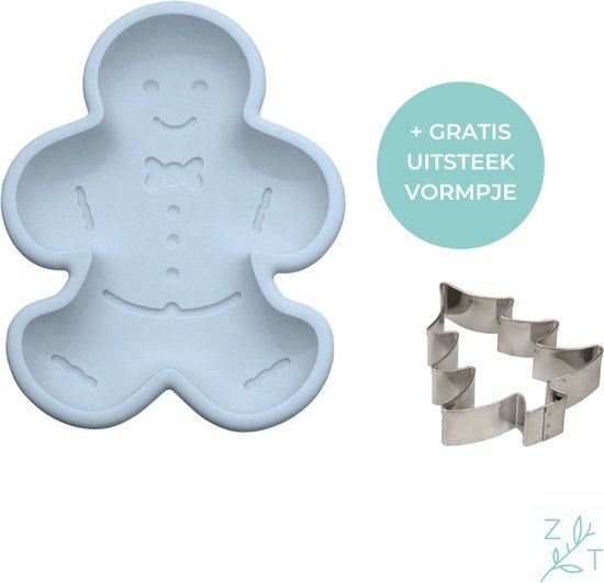 ZijTak - Bakvorm + GRATIS uitsteekvorm - Kerstboom - Kerst - Mannetje - Gingerbread mannetje - Peperkoek - Christmas - Taart - Cake - Gebak - Silicon - Blauw