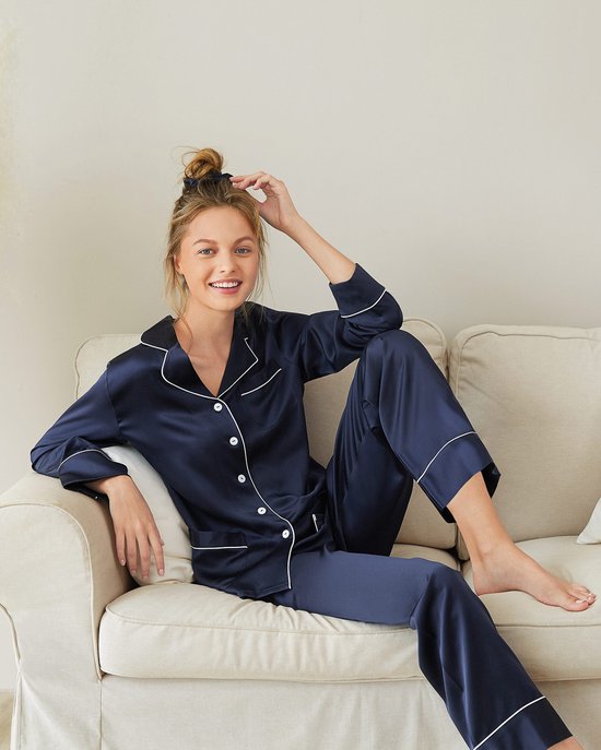 Pyjama satijn dames, donkerblauw, maat S/M superzacht satijn, Uniek cadeau  vrouw, | bol.com