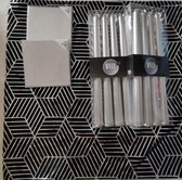 tafel set napkins zwart zilver 40x40 cm 8 stuks 100% polyester 8 stuks onderzetters zilver kunststof 9.5x9.5 cm 8 stuks dinerkaarsen  25 cmvelvet na
