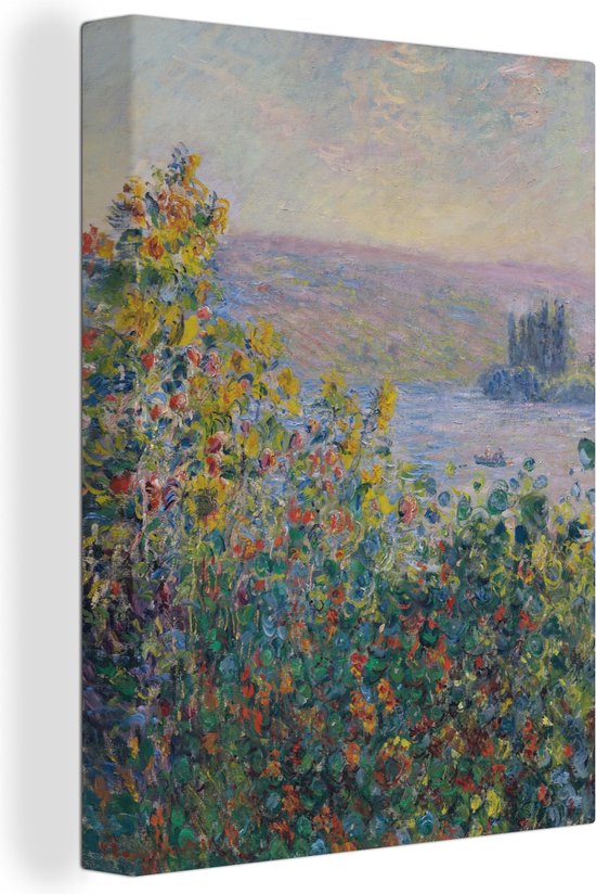 Canvas Schilderij Bloembedden in Vetheuil - Schilderij van Claude Monet - 90x120 cm - Wanddecoratie